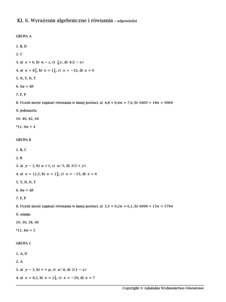 Sprawdzian Wyrażenia Algebraiczne I Równania Klasa 6 Kl. 6. Wyrazenia Algebraiczne I Rownania Odpowiedzi | PDF
