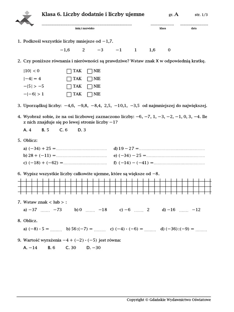 Mnożenie I Dzielenie Liczb Całkowitych Klasa 6 ćwiczenia Pdf