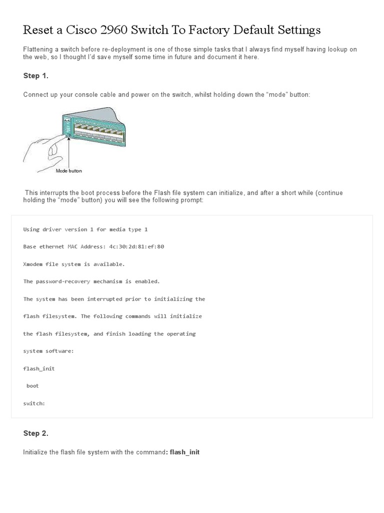 Reset A Cisco 2960 Switch To Factory Default Settings PDF Command