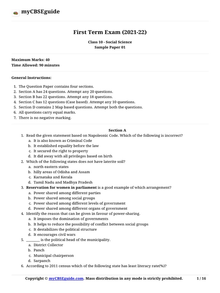 Mycbseguide Class 10 Social Science Sample Paper 01 Download Free