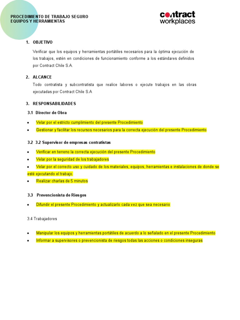 Procedimiento de Trabajo Seguro Equipo y Herramientas - Ok | PDF