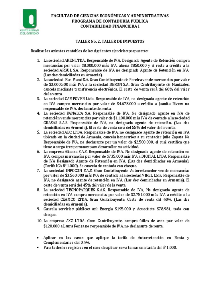 TALLER No. 2. | PDF | Impuesto al valor agregado | Contabilidad