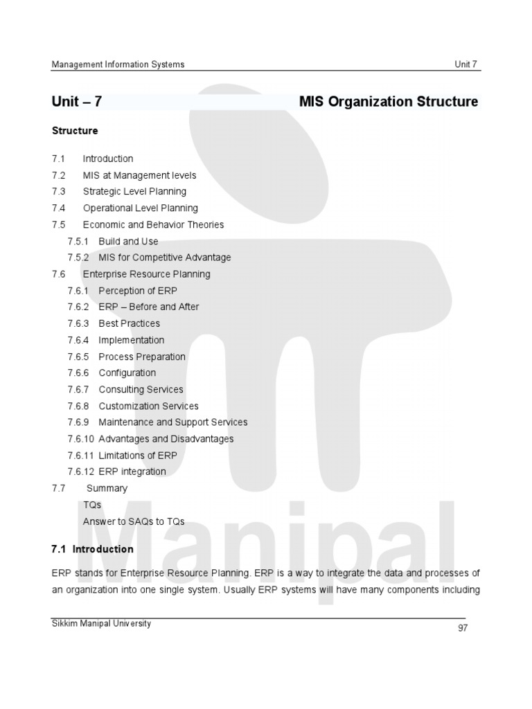 7 Mis Organization Structure Enterprise Resource Planning Information System