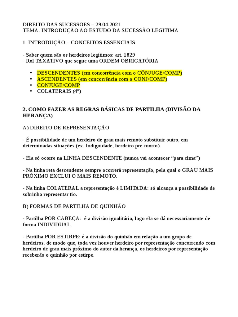 Sucessão Legítima: Herdeiros e Partilha | PDF | Direito