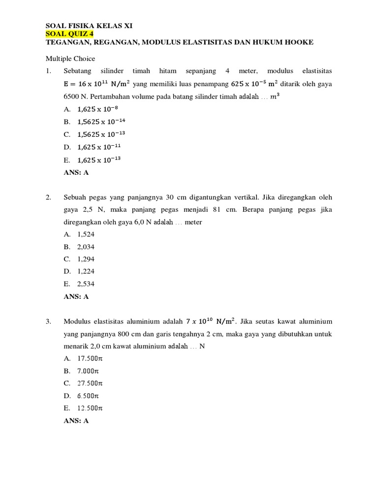 Quiz 04 Fisika Elastisitas Kelas Xi Sma | PDF