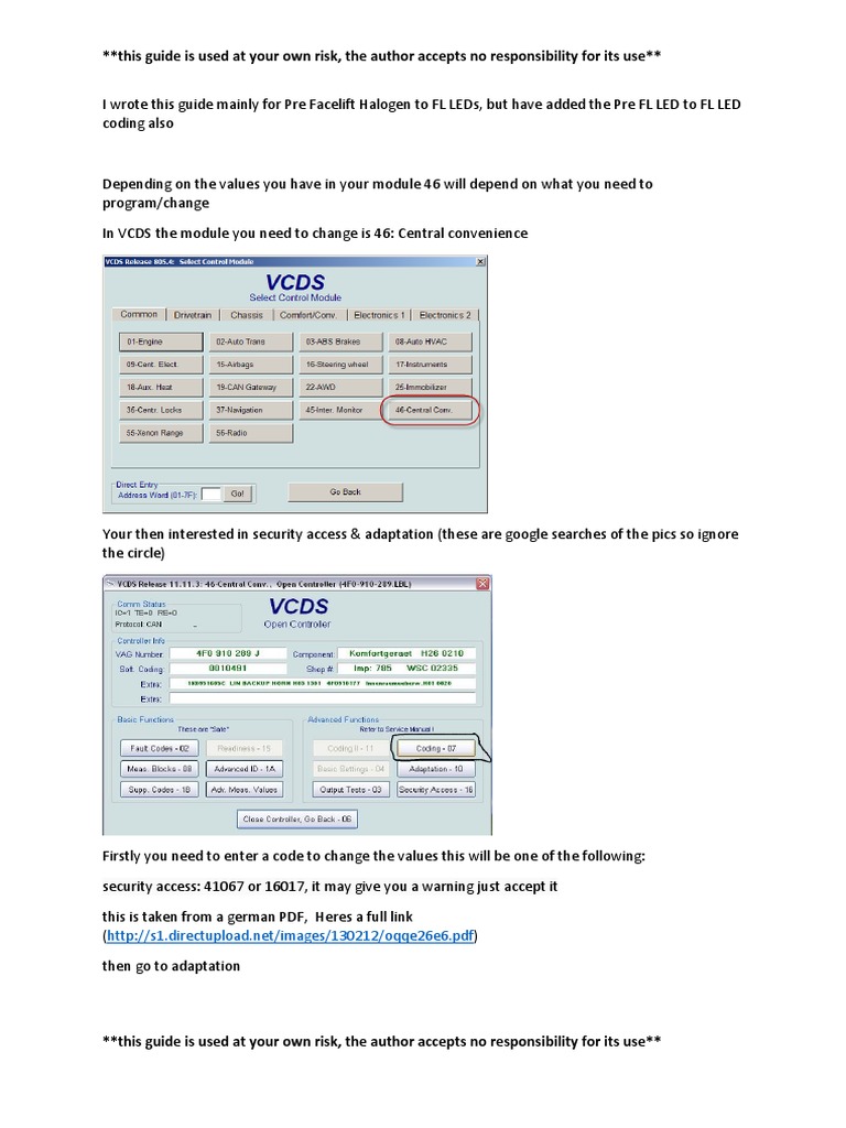 VCDS Coding Guide for LED Conversion | PDF