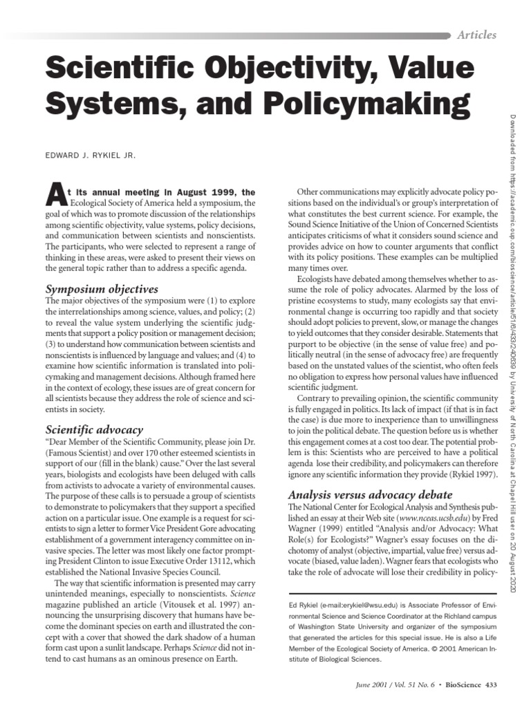 Scientific objectivity value systems and policymaking symposium