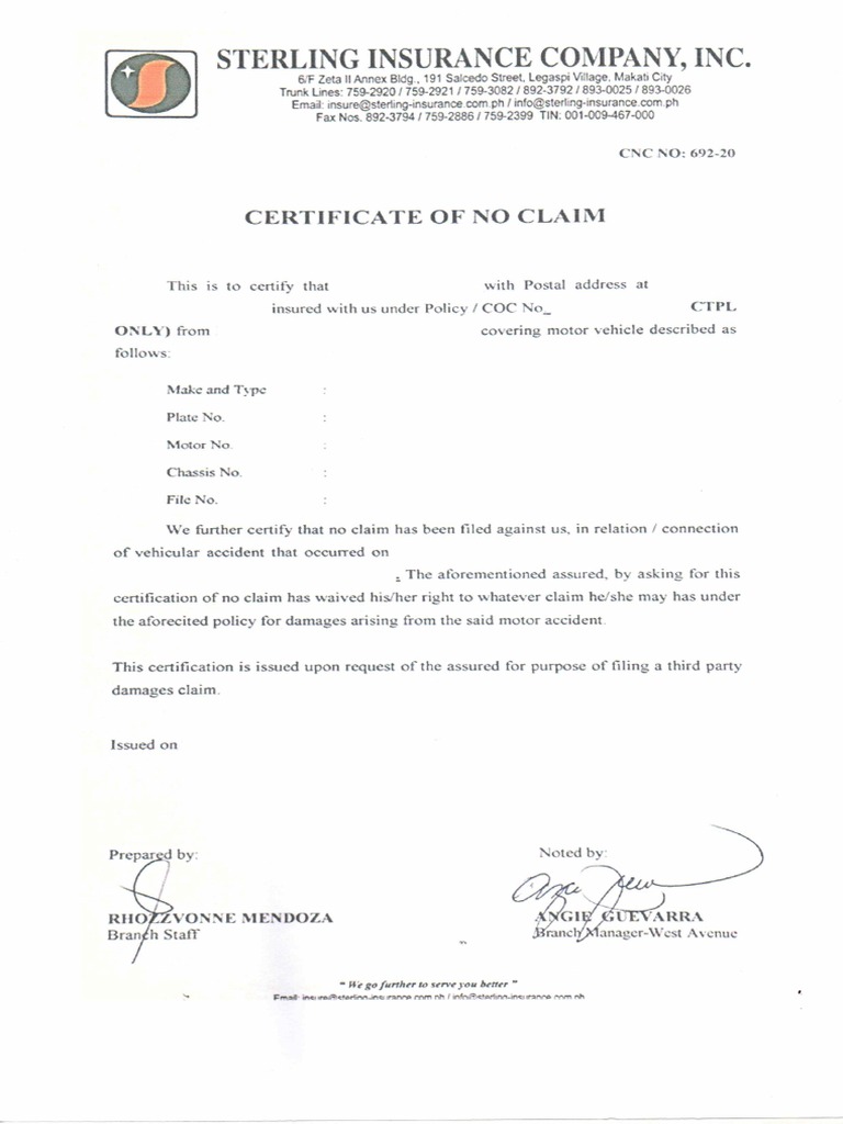 Certificate of No Claim Sterling PDF