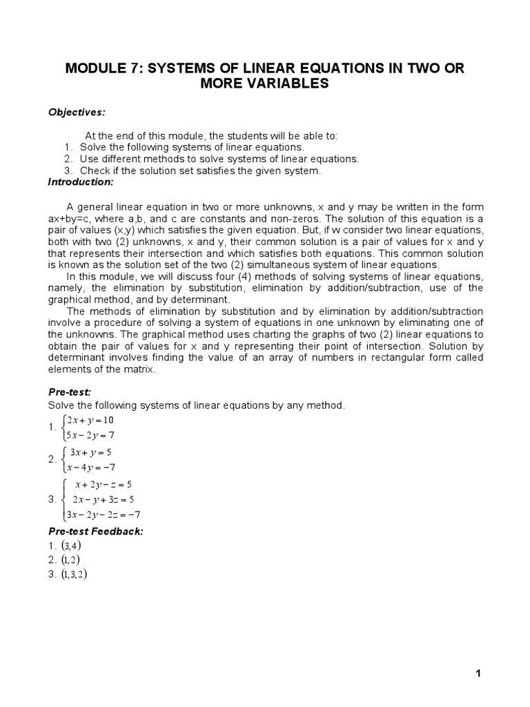 Module 7: Systems of Linear Equations in Two or More Variables | PDF ...