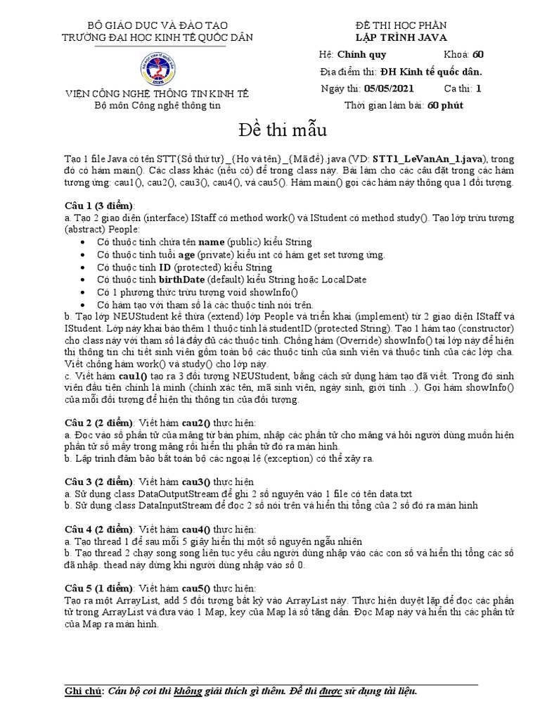 Đề Thi Mẫu Lập Trình Java | PDF