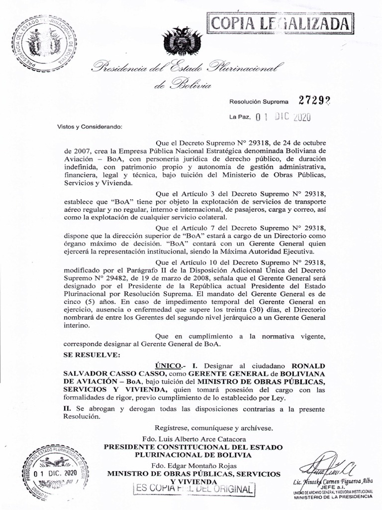RESOLUCION SUPREMA 27292 Gerente GENREAL | PDF | Bolivia | Ley Pública