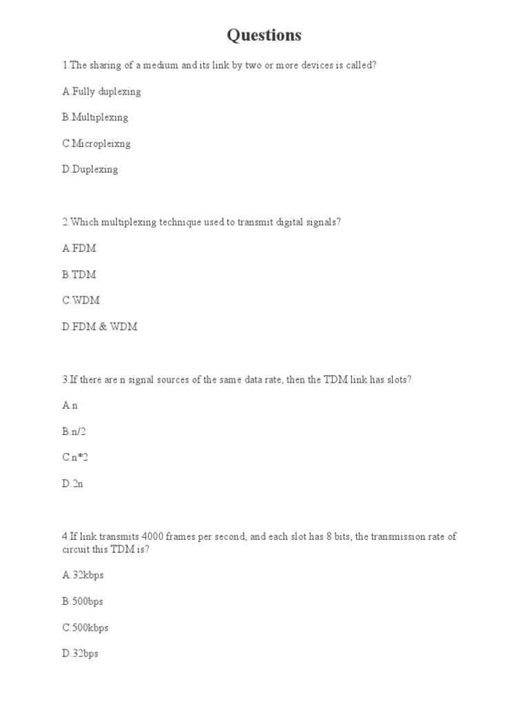 5 Multiplexing MCQ Questions PDF Multiplexing Modulation