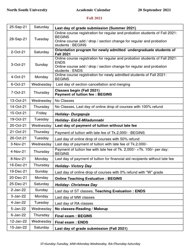 Academic Calendar Fall 2021 PDF Academic Term Fee