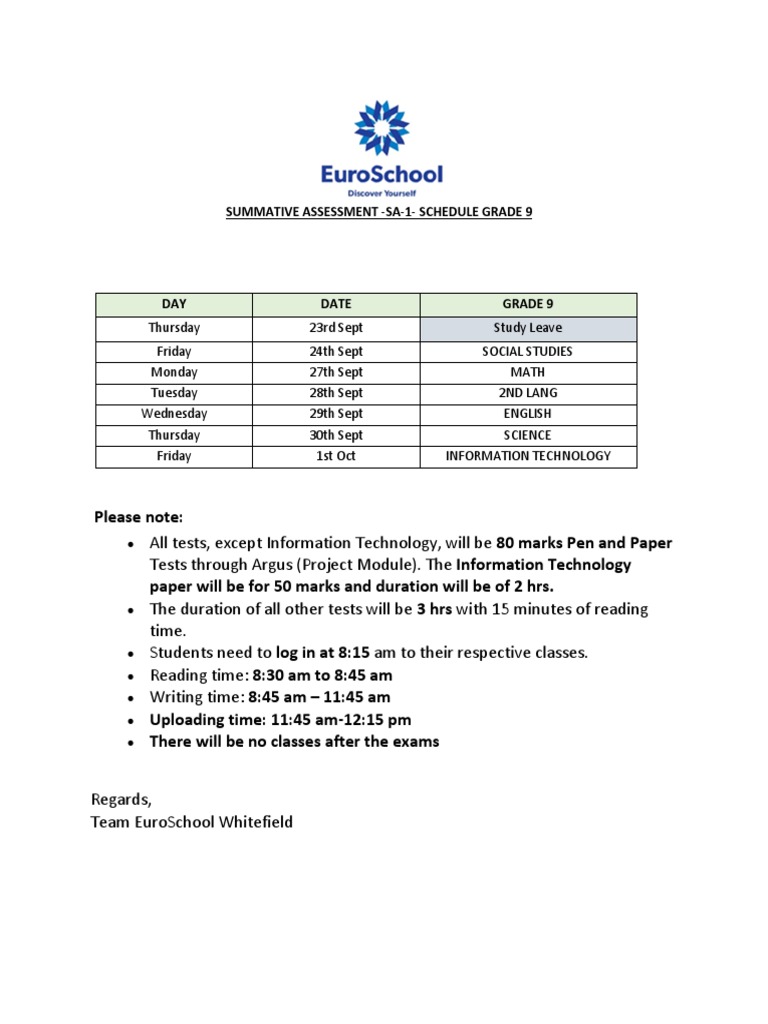 Grade 9 SA-1 Exam Schedule 2025 | PDF