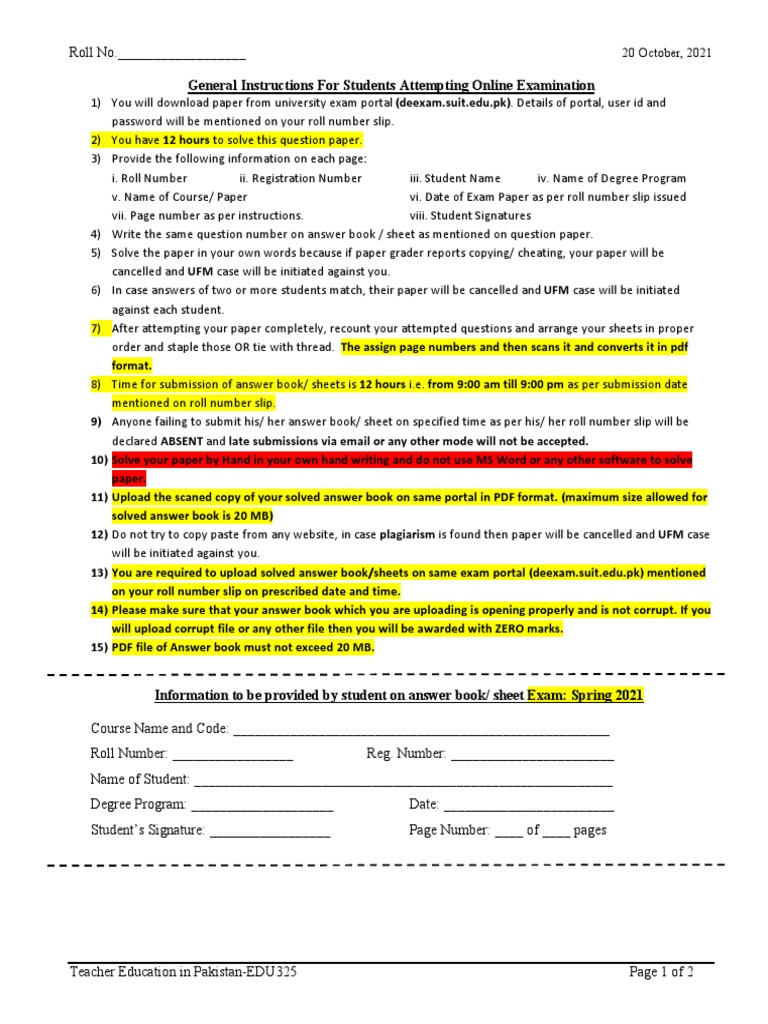 Online Exam Guidelines for EDU325 | PDF | Books | Teachers