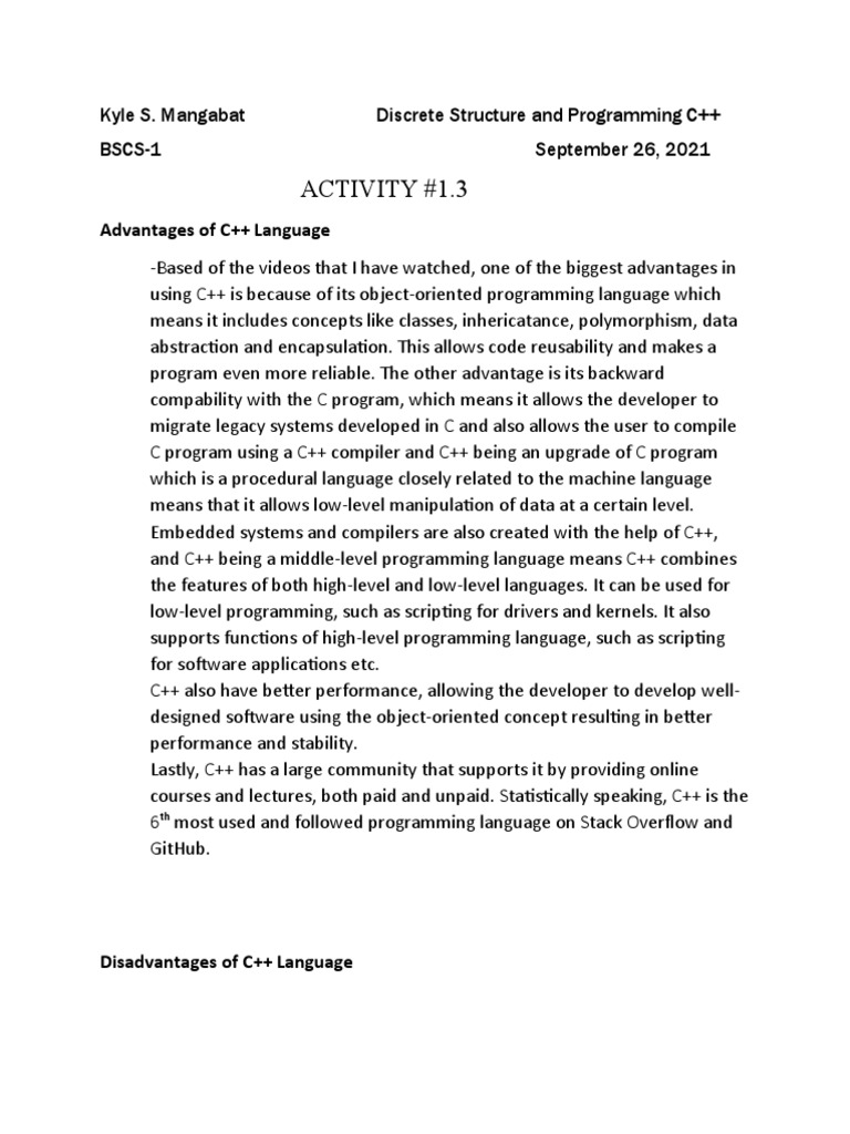 Advantages and Disadvantages of C++ Language | PDF | C++ | Computer ...