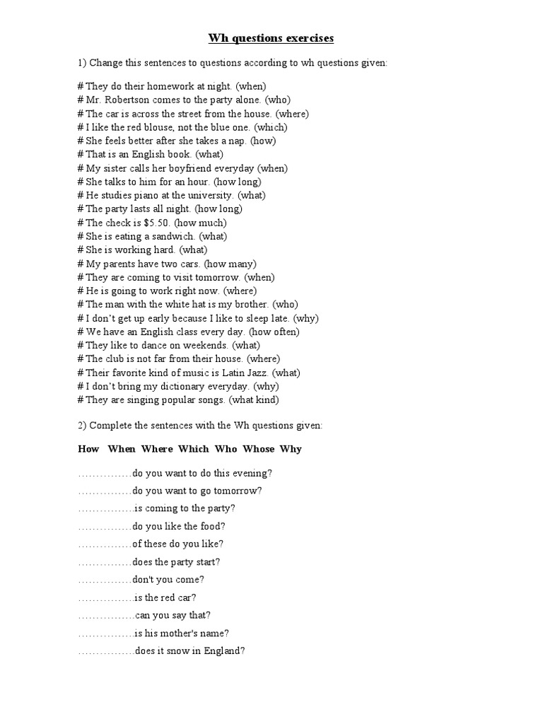 WH Questions Exercises | PDF | Language Arts & Discipline