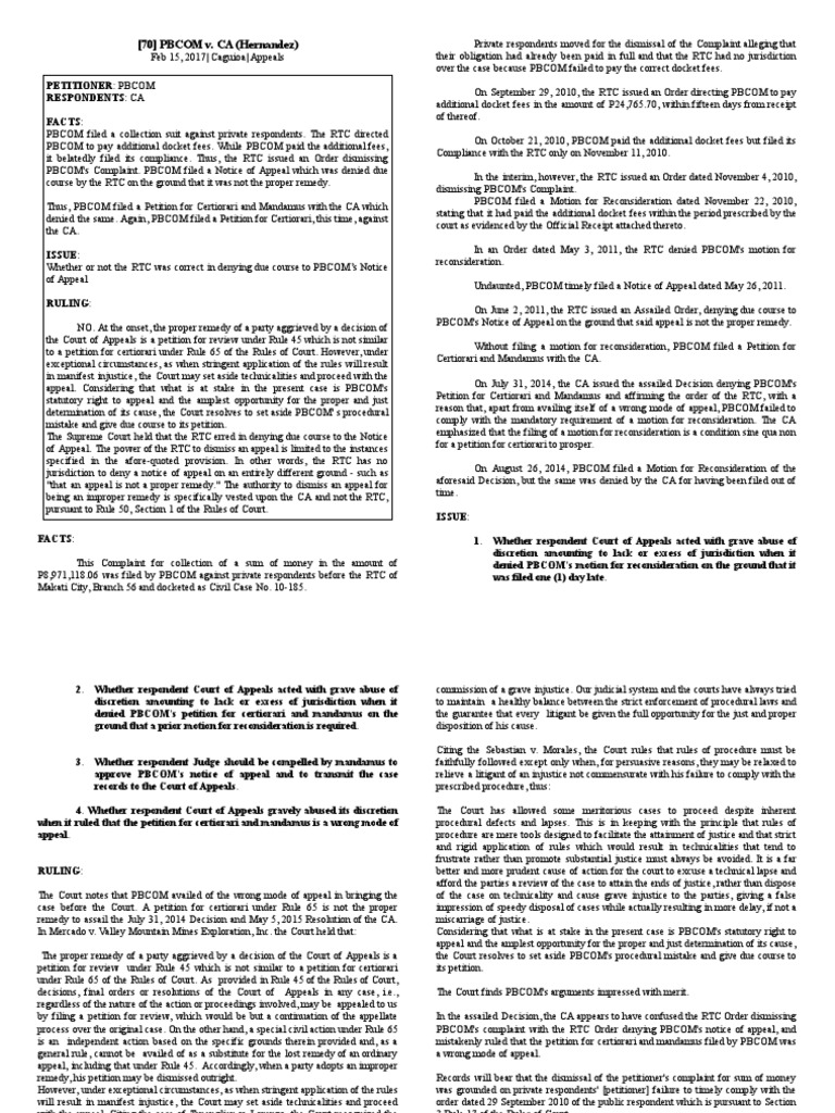 PBCOM's Appeal Rights in Collection Case | PDF | Appeal | Mandamus