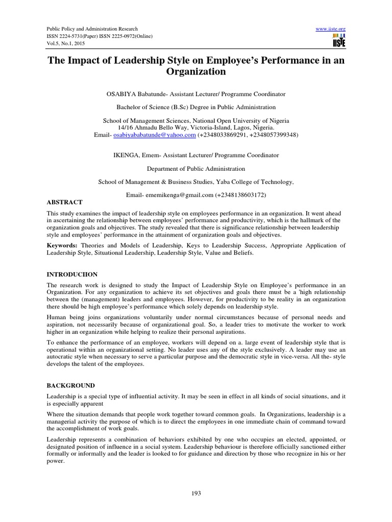 Leadership Style's Impact on Employee Performance | PDF | Leadership ...