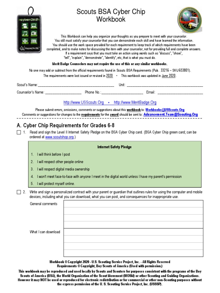 Scouts bsa cyber chip workbook pdf boy scouts of america internet