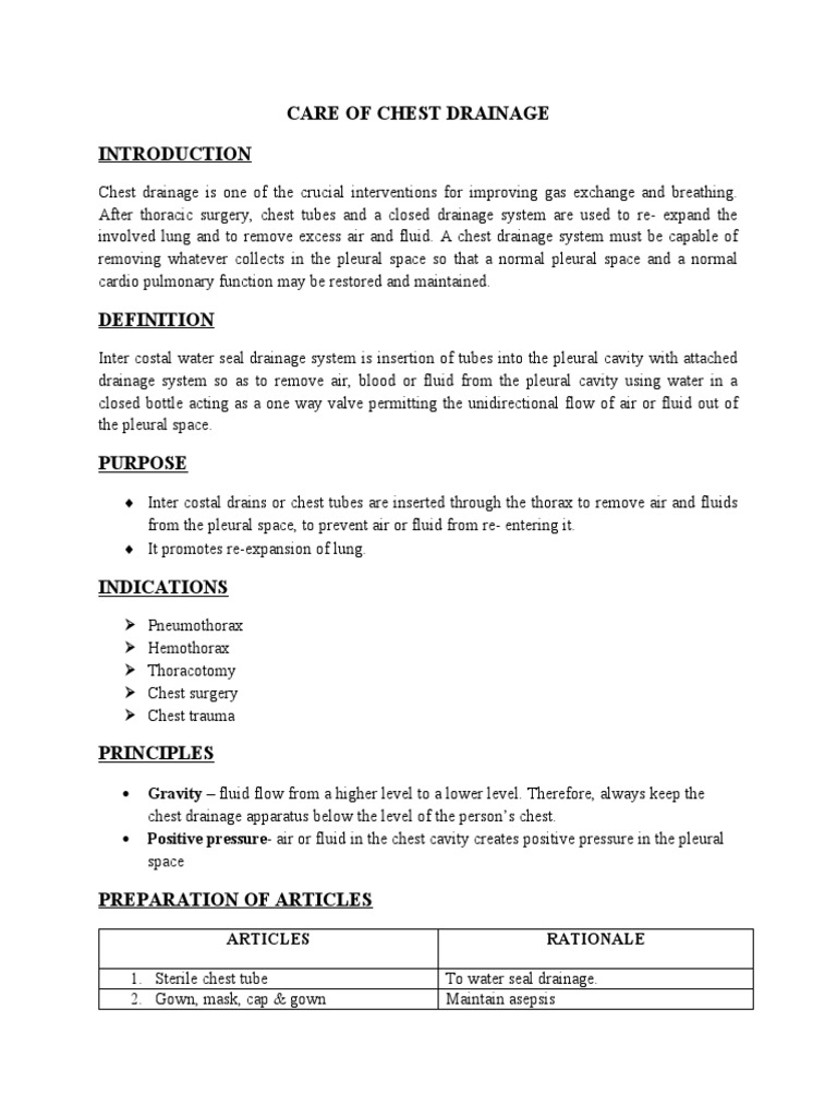 Care of Chest Drainage: Articles Rationale | PDF | Thorax | Thorax ...