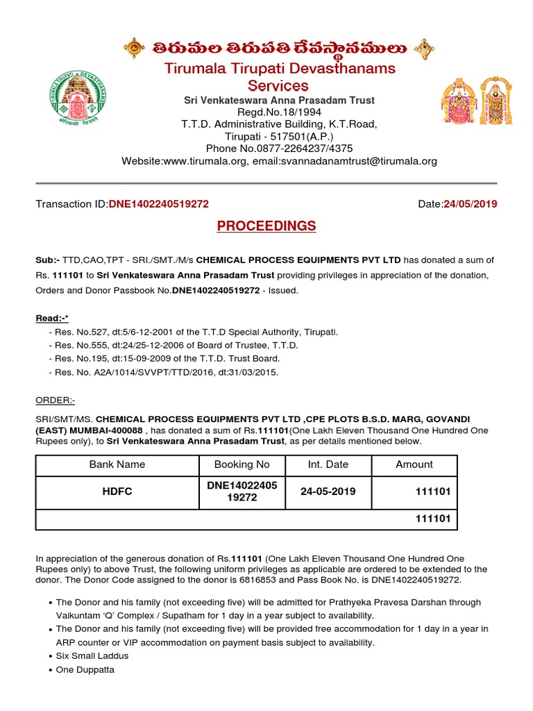 Proceedings: Regd - No.18/1994 T.T.D. Administrative Building 