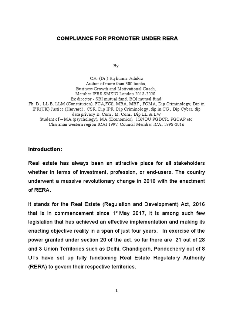 Compliance For Promoters Required Under RERA 2016 PDF Regulatory