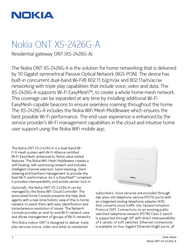 1 Data Sheet Nokia ONT XS2426GA PDF Wi Fi Computer Network