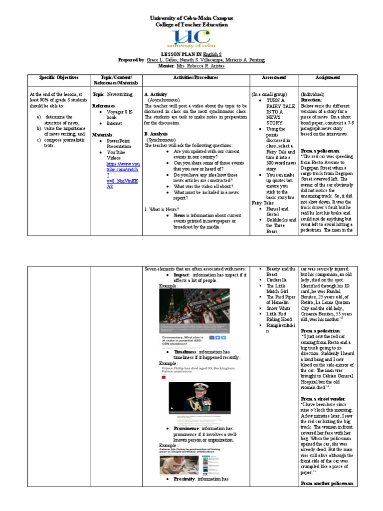 English 8 Newswriting Lesson Plan | PDF