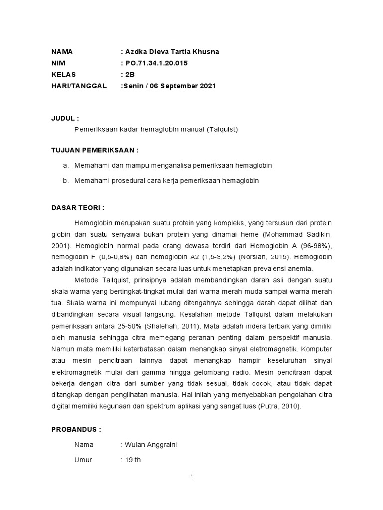 Pemeriksaan Hemoglobin Metode Tallquist | PDF | Sains & Matematika