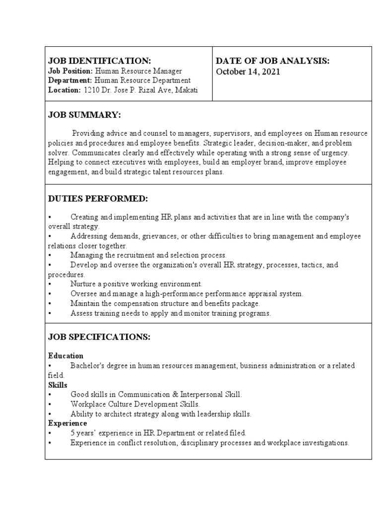 Job Identification Date of Job Analysis PDF Human Resource