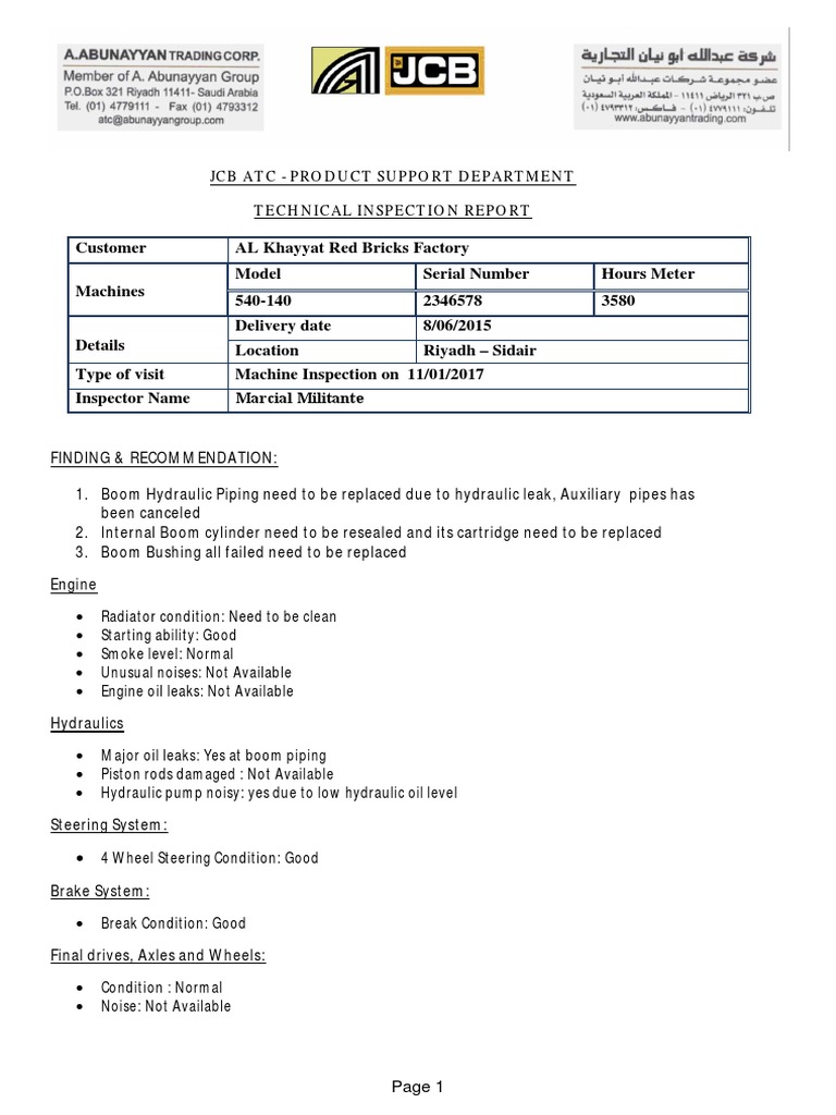 JCB Inspection Report For Al Khayyat Red Bricks Factory | PDF