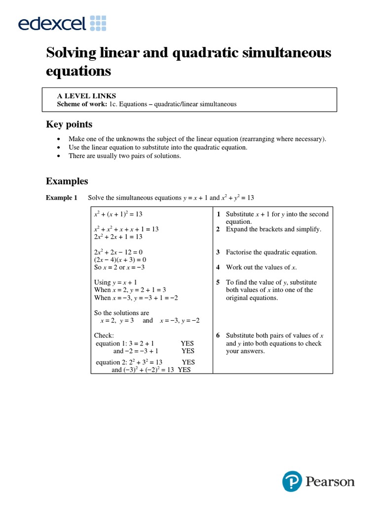 1c 2 Solving Linear and Quadratic Simultaneous Equations | PDF ...