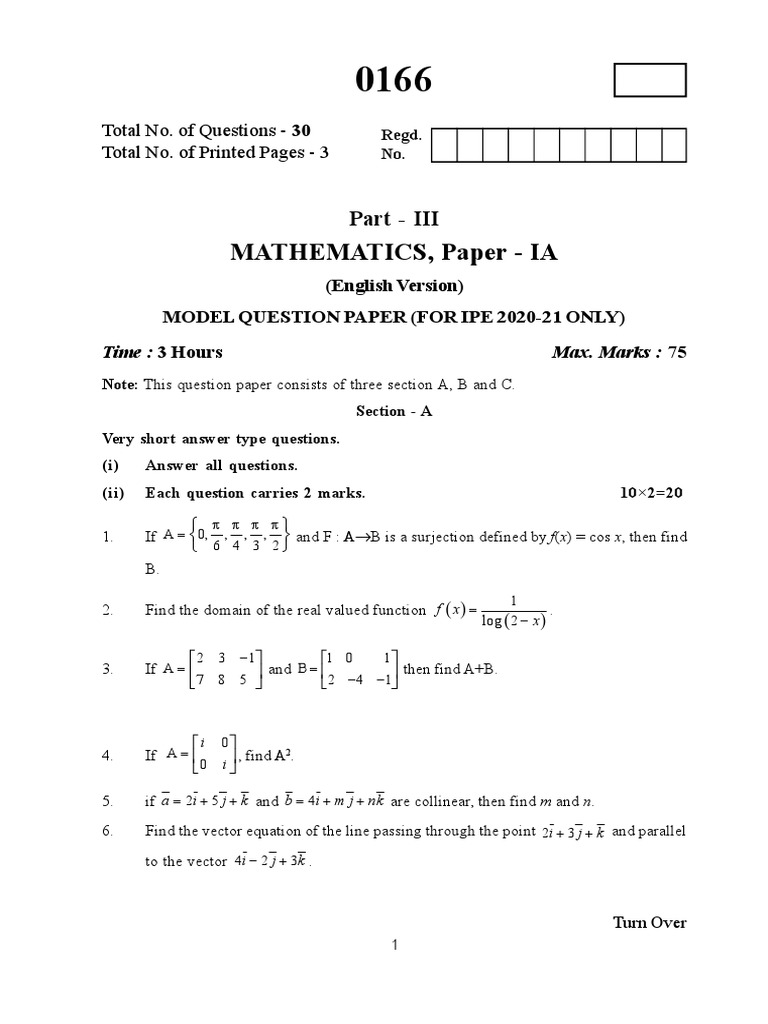 Mathematics Model Paper IPE 2020-21 | PDF | Plane (Geometry ...