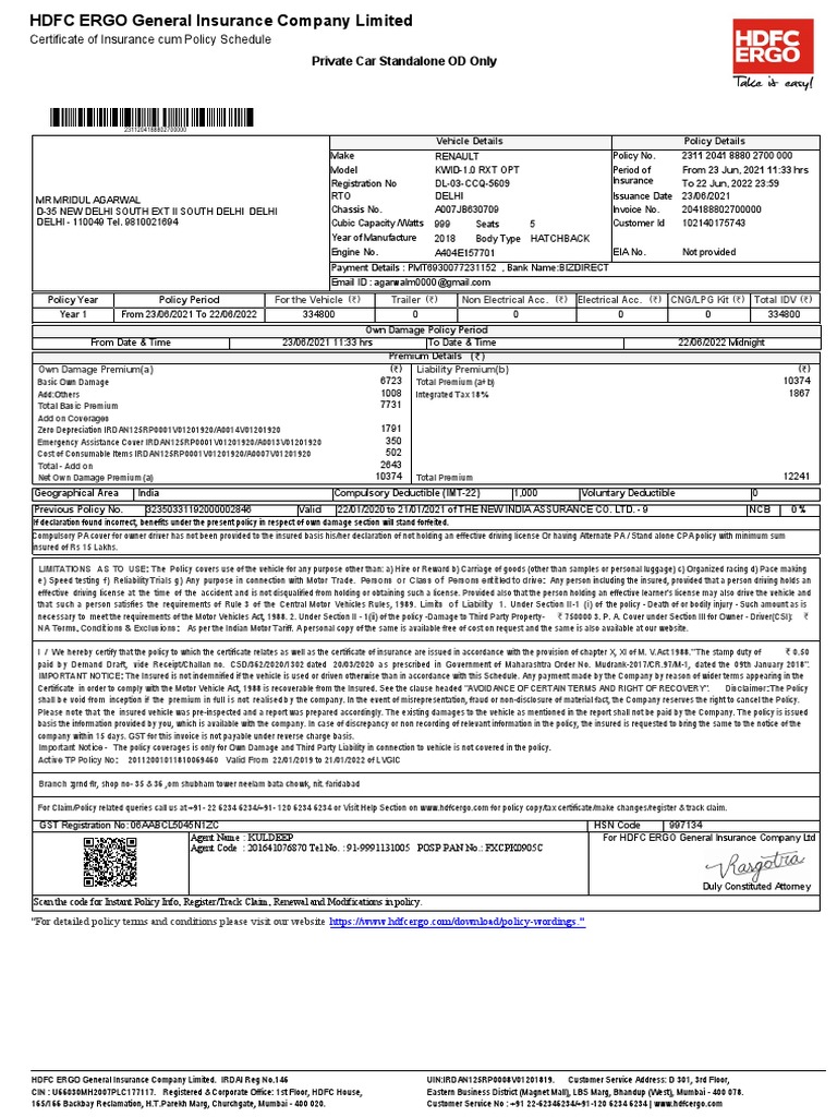 Private Car Standalone OD Only Certificate of Insurance Cum Policy