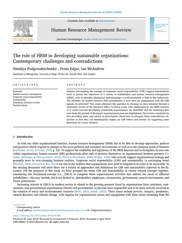 The Role of HRM in Developing Sustainable Organizations | PDF ...