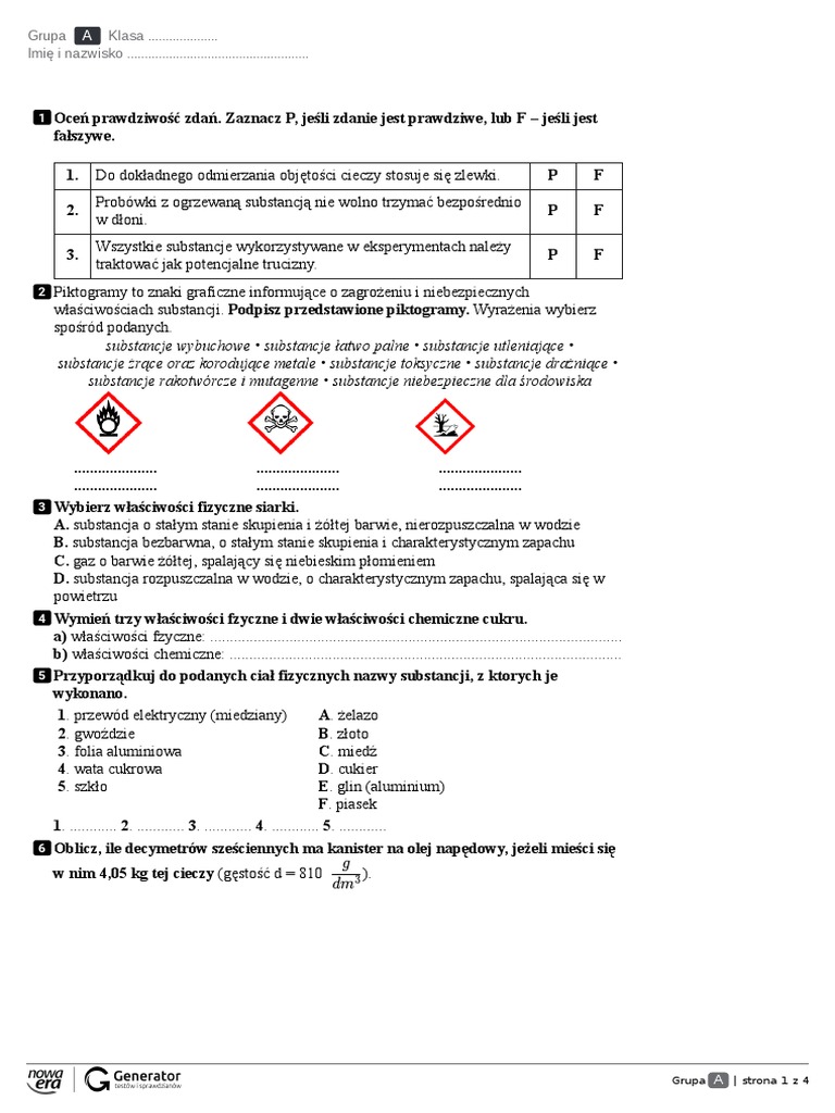 Sprawdzian Z Chemii Klasa 1 Gimnazjum świat Substancji