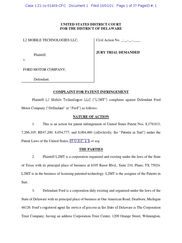 211001 L2 Mobile Technologies v. Ford Motor Company Patent Complaint