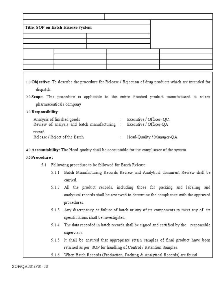 033 SOP on Batch Release System Quality Assurance Production And Manufacturing