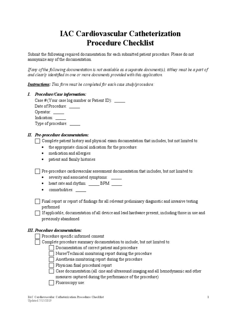 Cardiovascular Catheterization Procedure Checklist PDF Medical