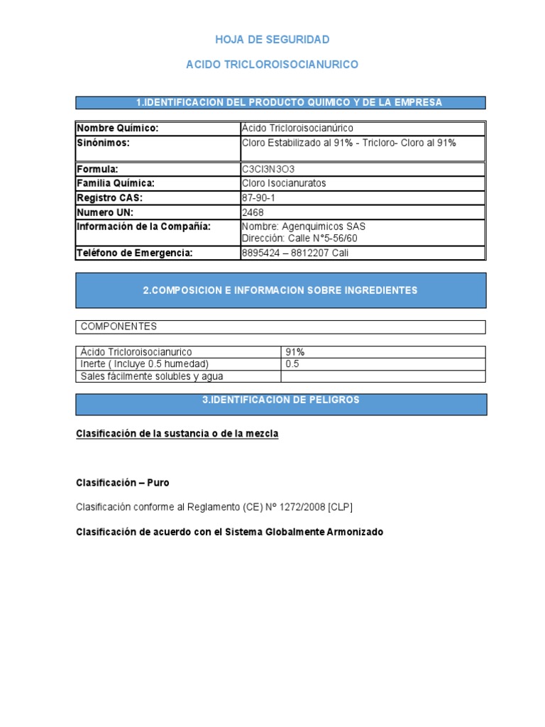 Hoja de Seguridad: Ácido Tricloroisocianúrico | PDF | Residuos | Agua