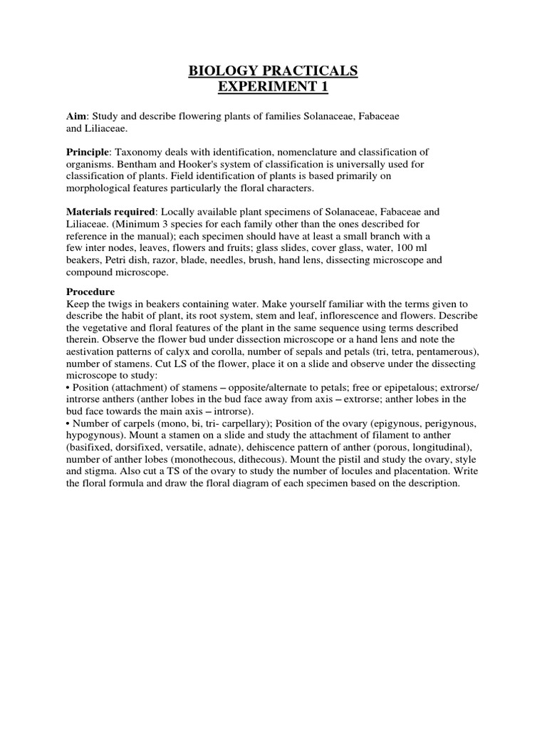 Biology Practicals Experiment 1 Aim Study and Describe Flowering