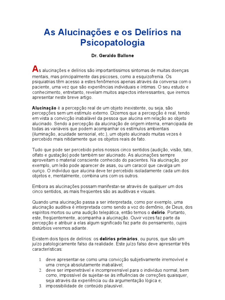 Alucinações e Delírios na Psicopatologia | PDF | Esquizofrenia | Ilusão