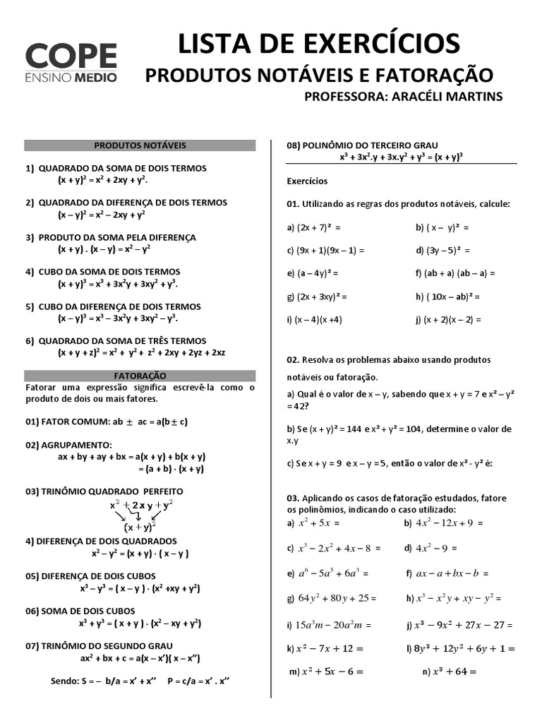 Lista de Exercícios sobre Produtos Notáveis e Fatoração | PDF ...