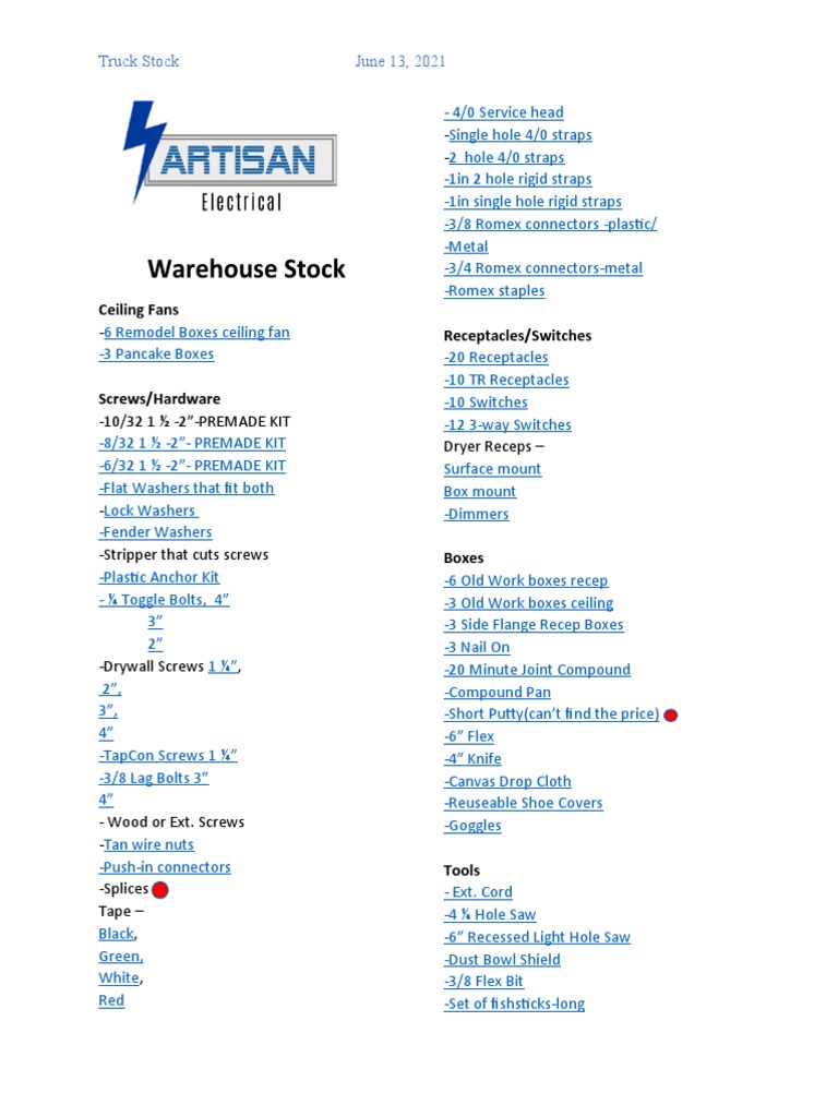 Essential Truck Stock Inventory List | PDF | Screw | Drill
