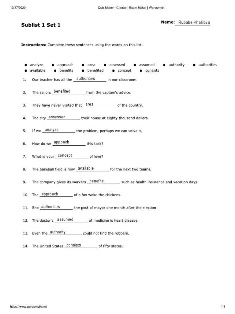 Sublist 1 Set 1 Filling Intermediate English | PDF