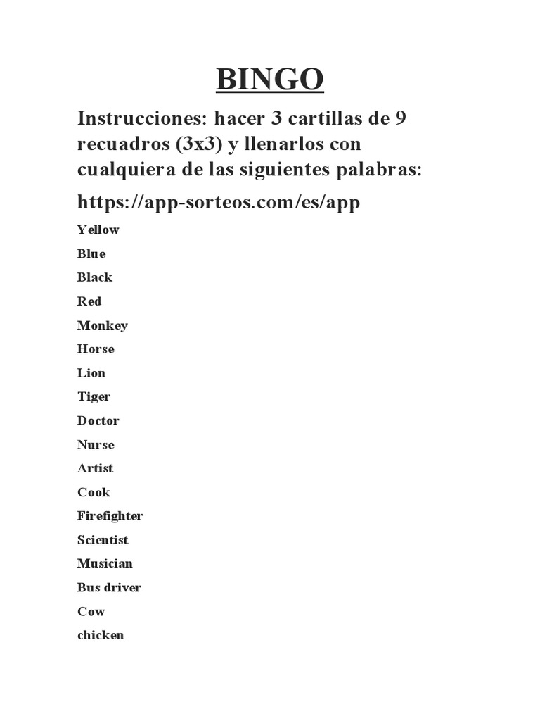 Bingo Card Instructions and Words | PDF