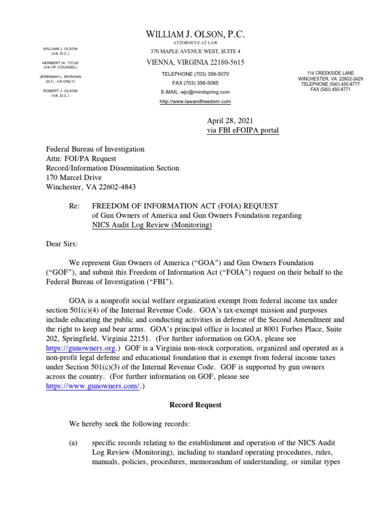 GOA FOIA Request To FBI - NICS Audit Log Monitoring | PDF | Freedom Of ...