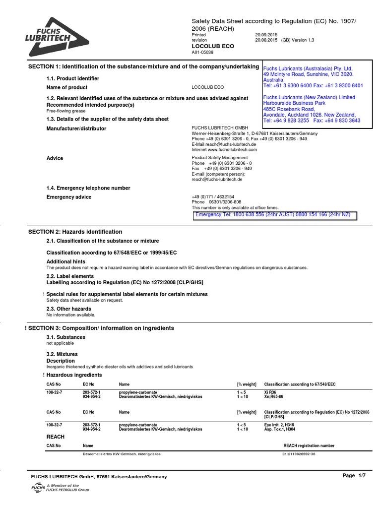 Safety Data Sheet for LOCOLUB ECO Grease Hazard Information and
