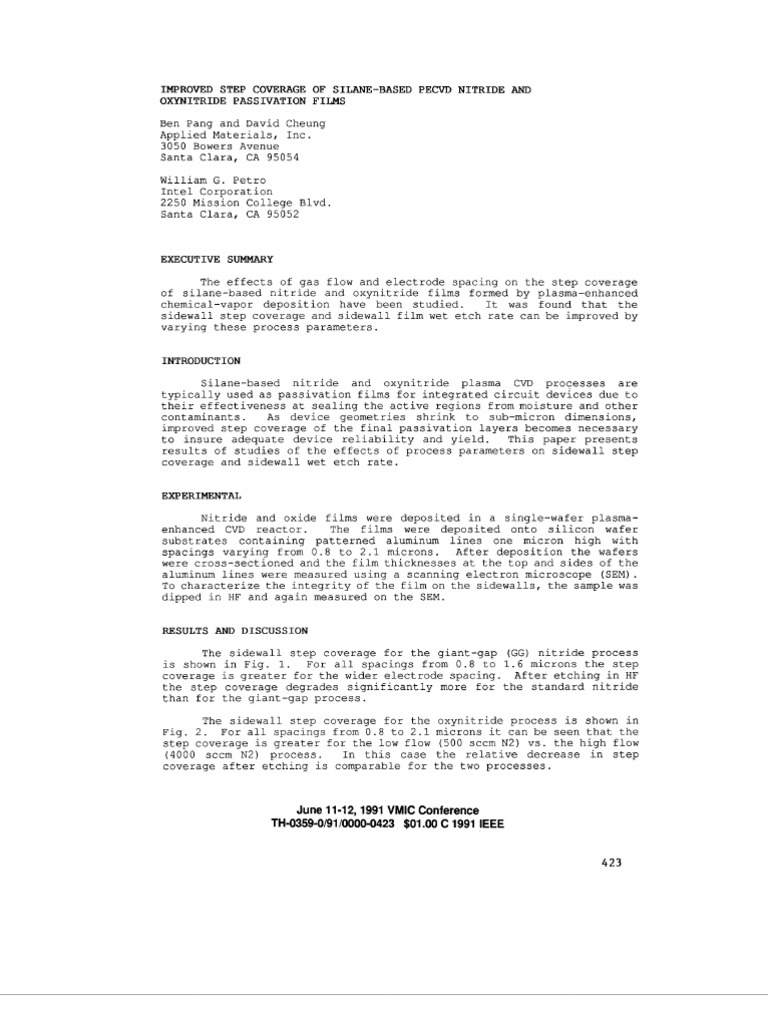 Enhanced Step Coverage in PECVD Films | PDF | Chemical Vapor Deposition ...